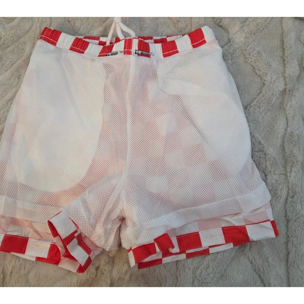 Kids Red White Checkered Swim Trunks Mesh Lined Drawstring Shorts Small